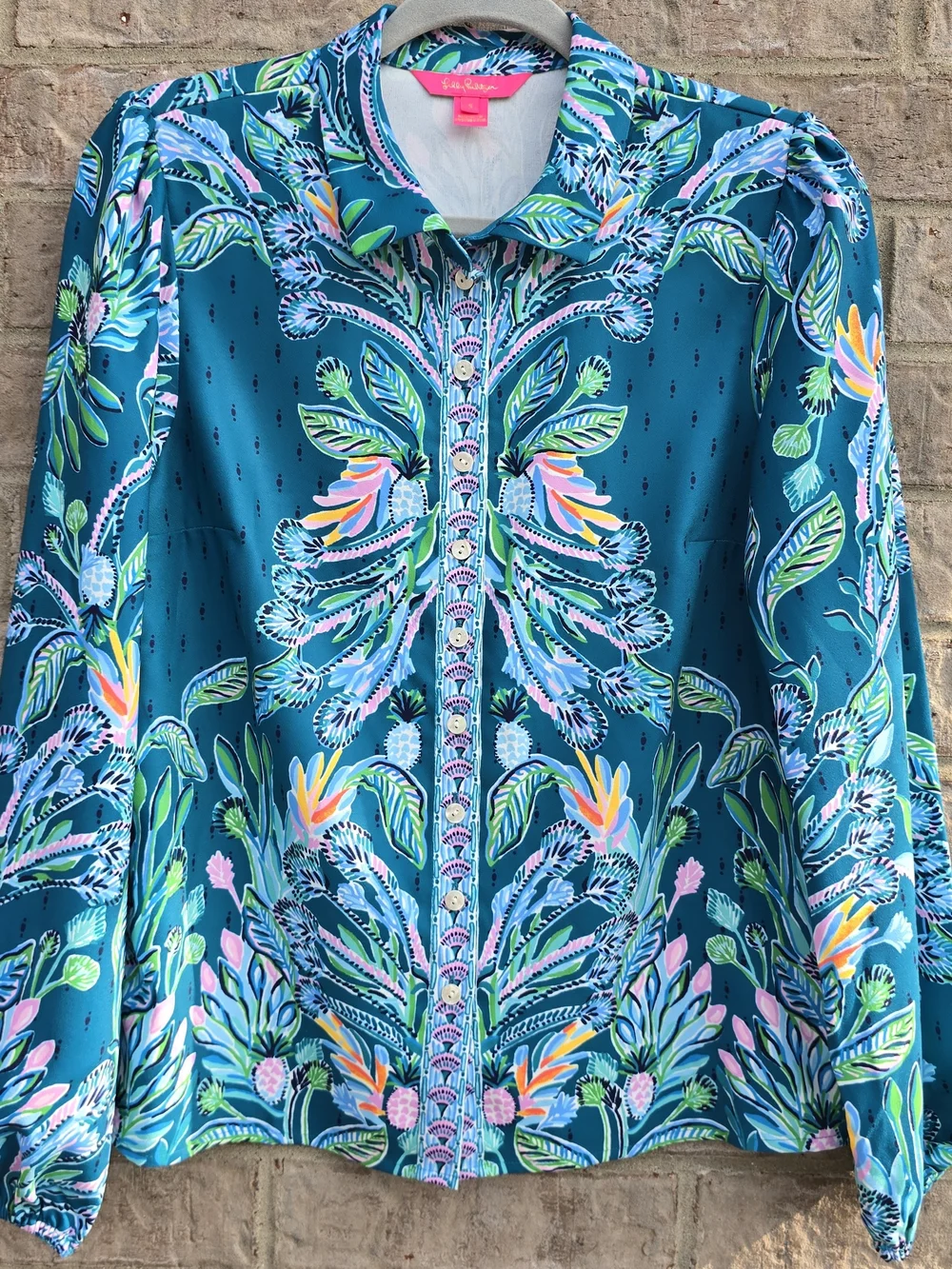 Lilly Pulitzer Womens Long Sleeve Colorful Pearl Buttons Blouse Top Size Small